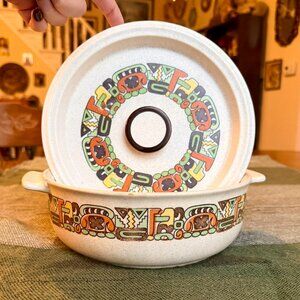 Vintage Flame Chef Stoneware Casserole Dish with Southwestern Tribal Embellishme